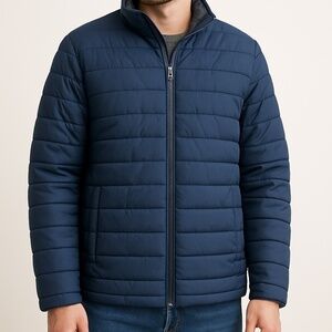 Voyager Navy Quilted Puffer Jacket L Fleece Plaid Lined